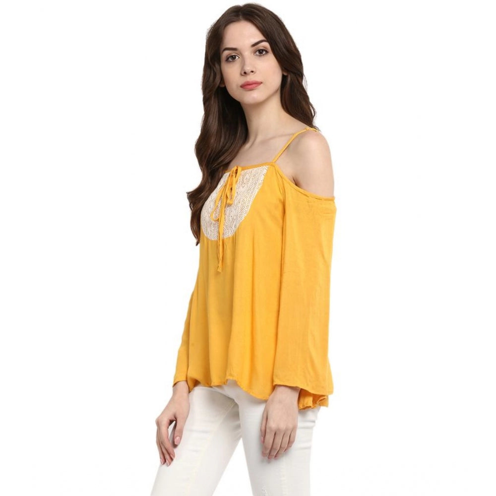 Seduva Women's Rayon Embellished Cold Shoulder Regular Top (Mustard Yellow)