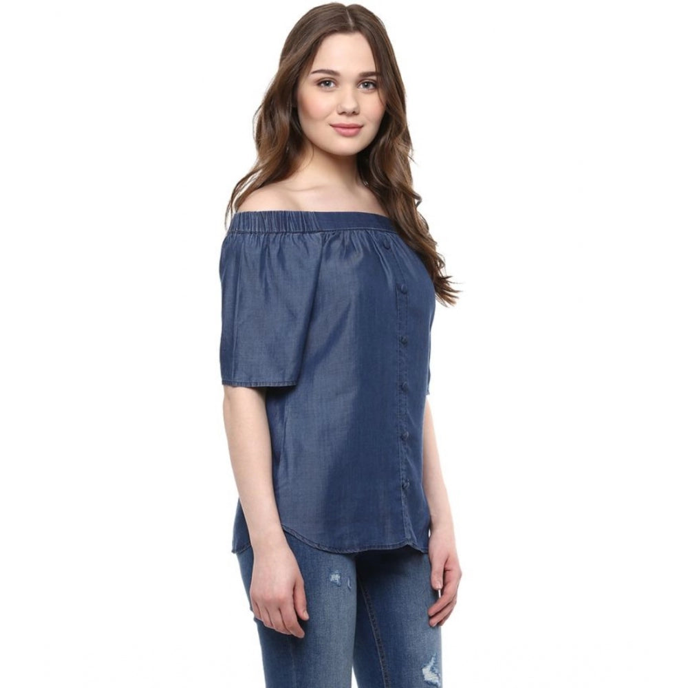 Seduva Women's Denim Solid Short Sleeve Regular Top (Blue)