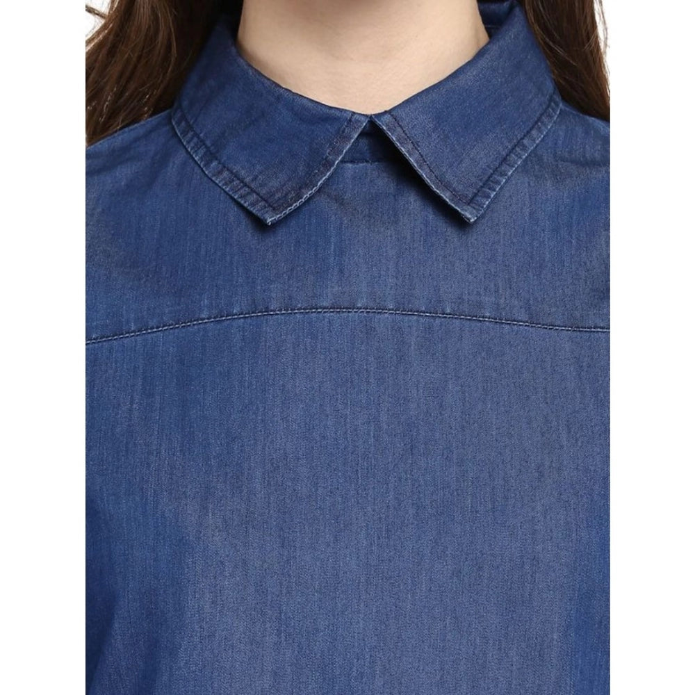 Seduva Women's Denim Solid Cold Shoulder Regular Top (Blue)