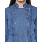 Seduva Women's Denim Solid 3-4th Sleeves Regular Top (Blue)