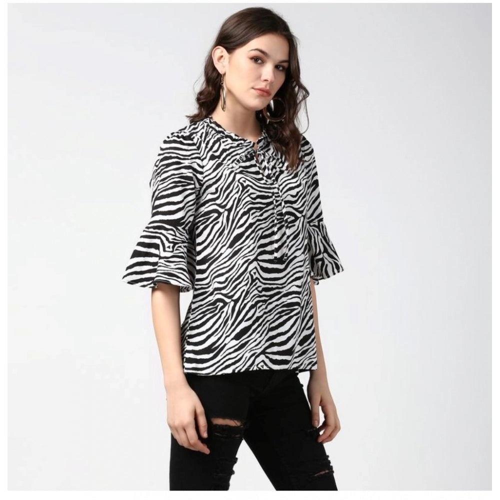 Seduva Women's Polyester Animal Print Bell Sleeve Top (Black - White)