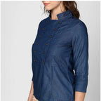 Seduva Women's Denim Solid 3-4th Sleeves Top (Blue)