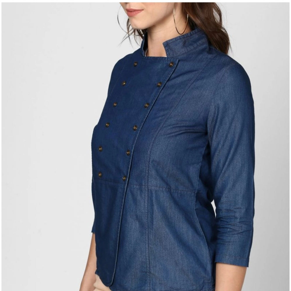 Seduva Women's Denim Solid 3-4th Sleeves Top (Blue)