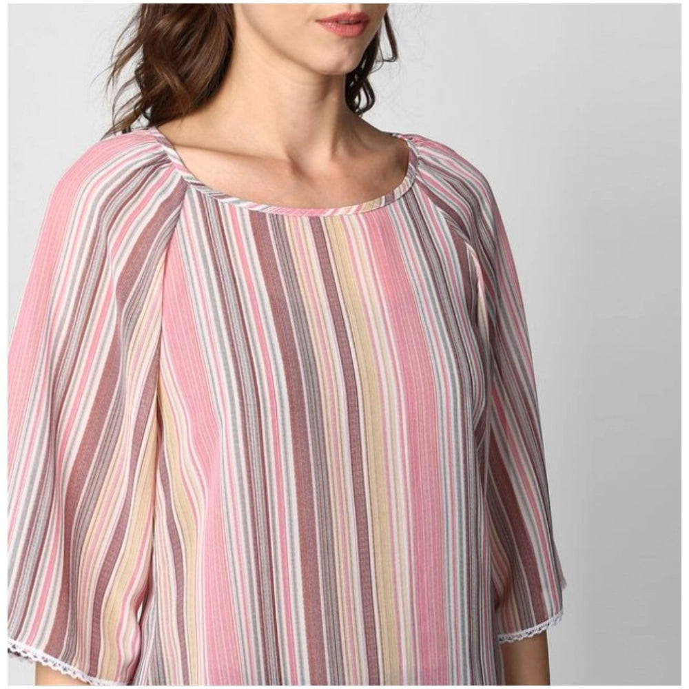 Seduva Women's Polyester Striped 3-4th Sleeves Top (Pink)