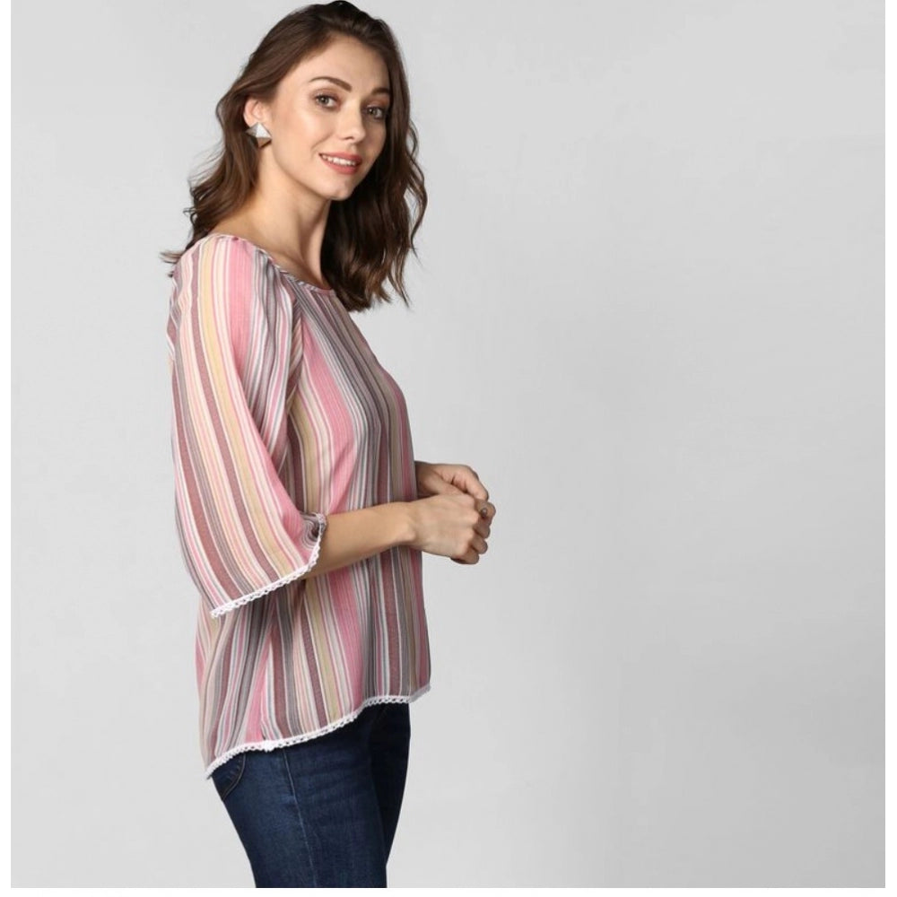Seduva Women's Polyester Striped 3-4th Sleeves Top (Pink)