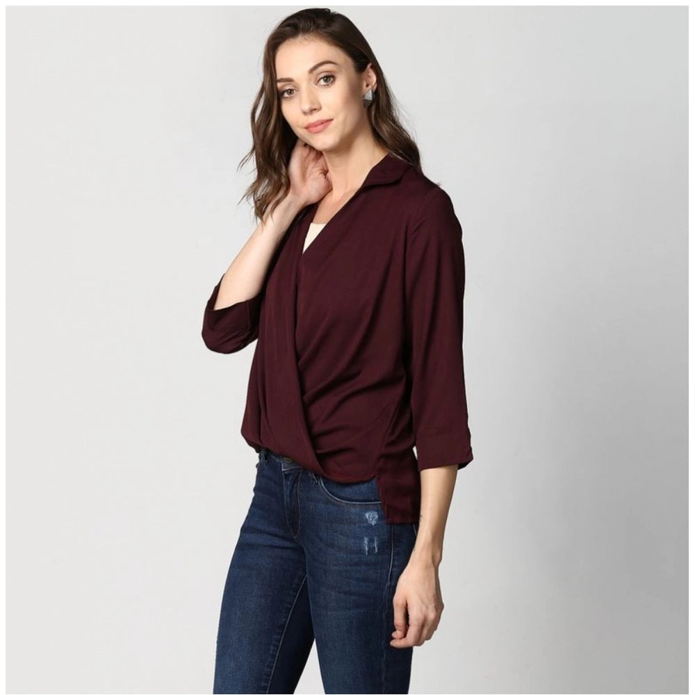 Seduva Women's Polyester Solid 3-4th Sleeves Top (Maroon)