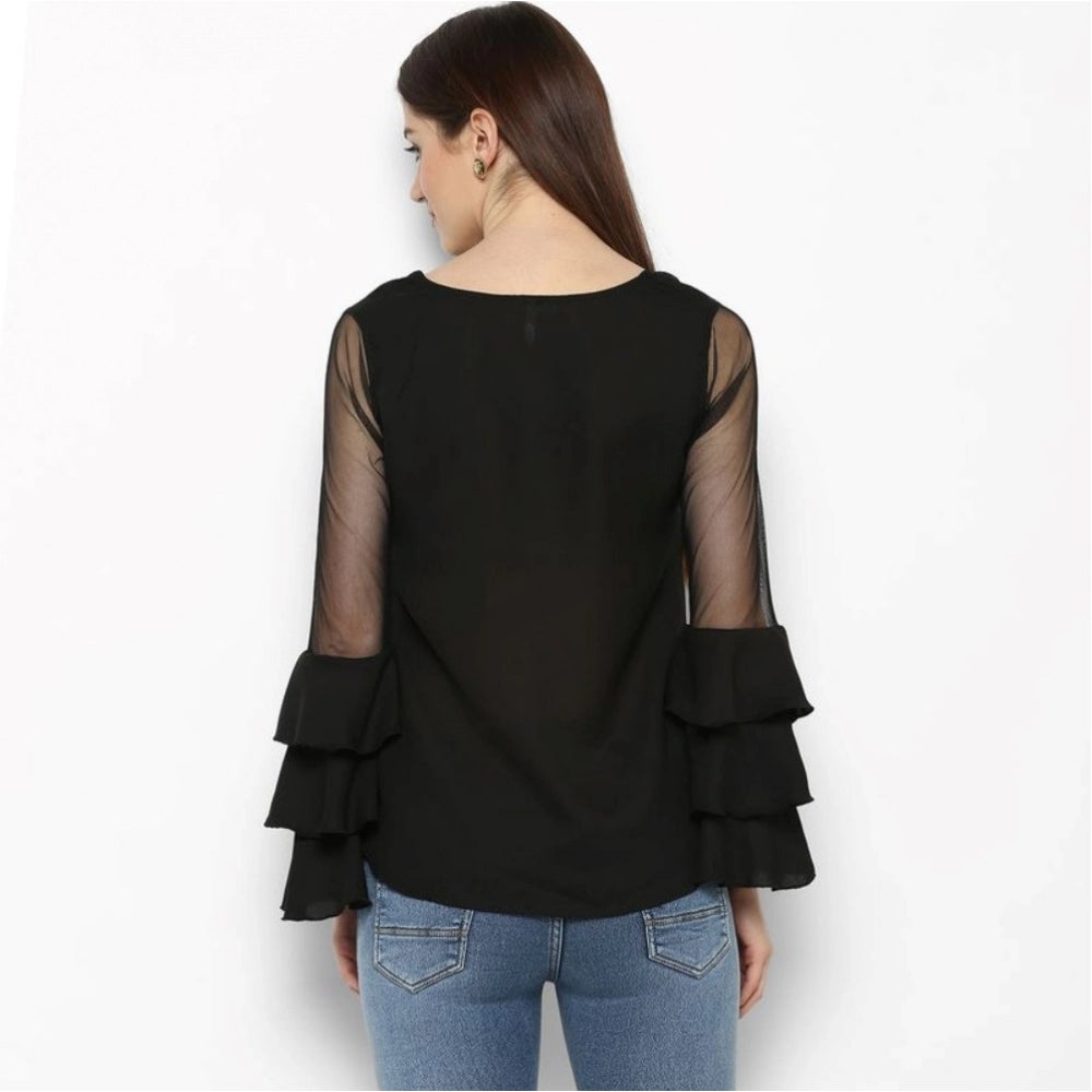 Seduva Women's Polyester Solid Tier Sleeve Top (Black)