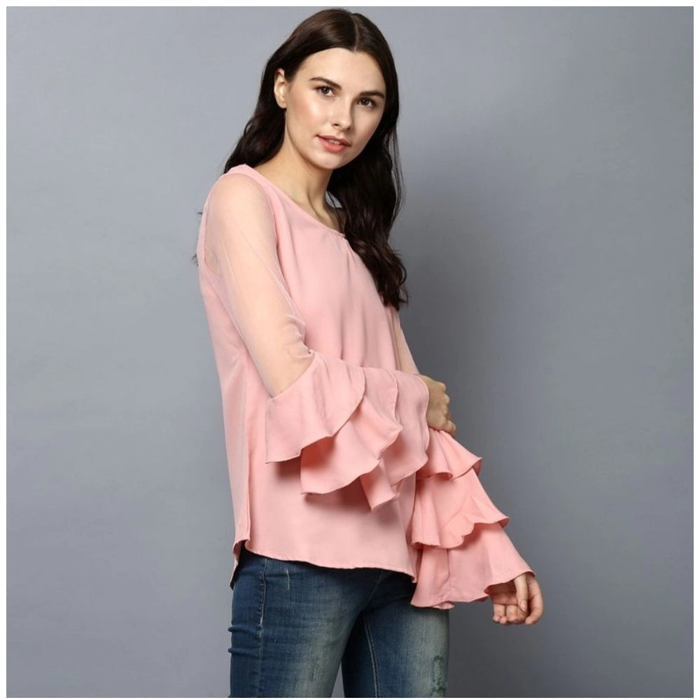 Seduva Women's Polyester Solid Tier Sleeve Top (Pink)