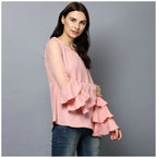 Seduva Women's Polyester Solid Tier Sleeve Top (Pink)
