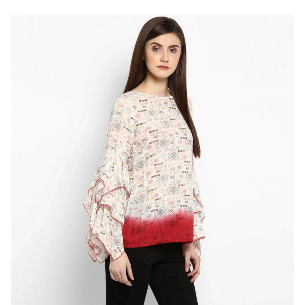 Seduva Women's Rayon Crepe Printed Ruffle Sleeve Top (Off White - Red)