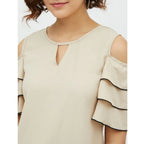 Seduva Women's Polyester Tiered Cold Shoulder Top (Beige)
