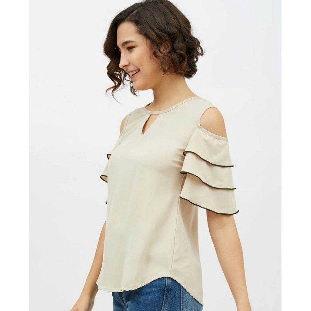 Seduva Women's Polyester Tiered Cold Shoulder Top (Beige)