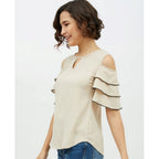 Seduva Women's Polyester Tiered Cold Shoulder Top (Beige)