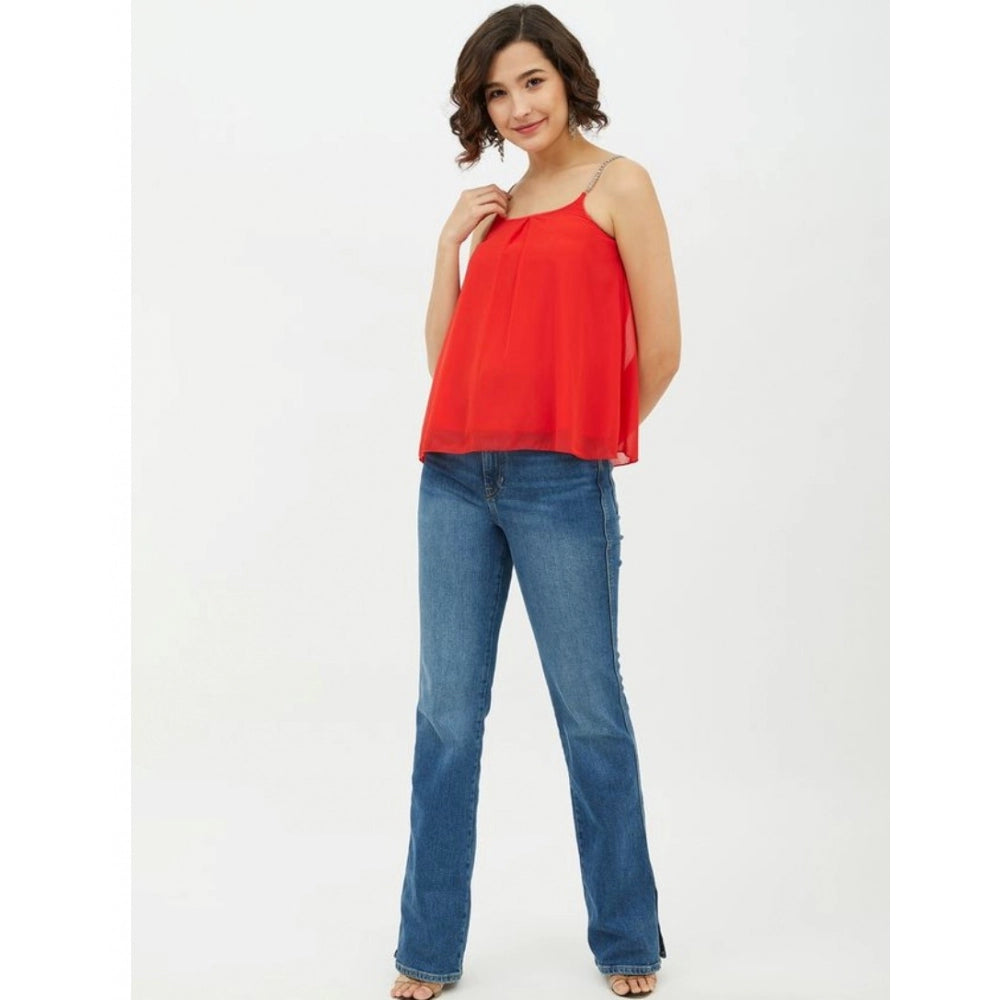 Seduva Women's Polyester Embellished Shoulder Straps Top (Red)