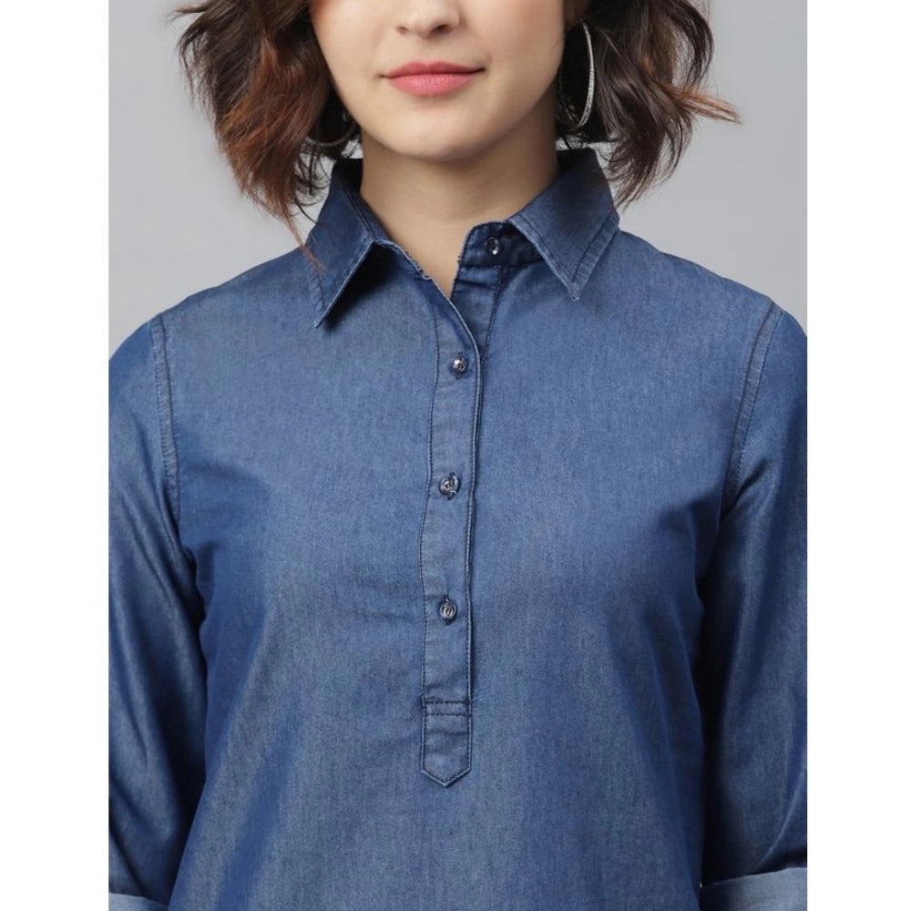 Seduva Women's Denim Solid Long Sleeves Above Knee Dress (Navy Blue)