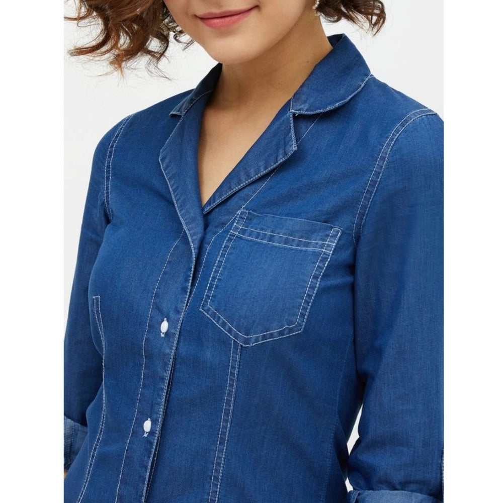 Seduva Women's Denim Solid Long Sleeves Above Knee Dress (Blue)