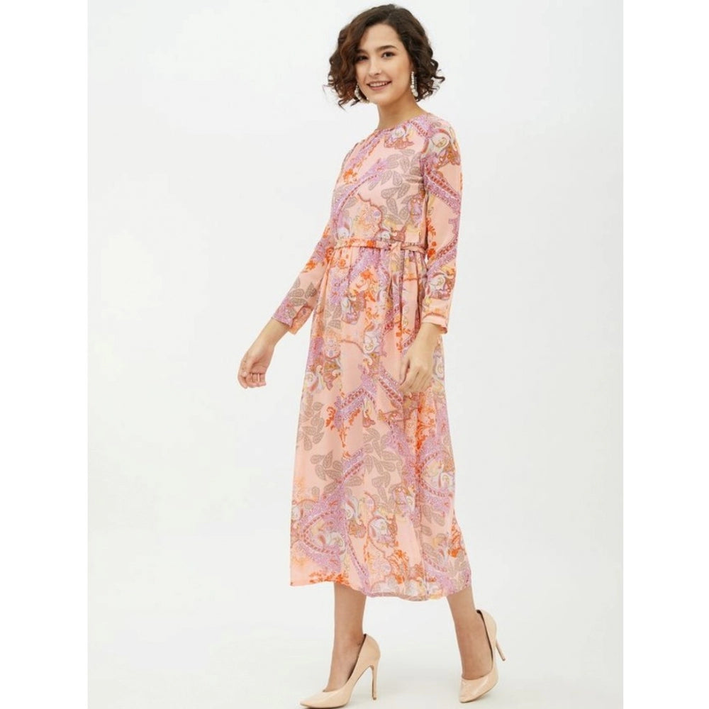 Seduva Women's Polyester Printed Long Sleeves Calf-length Dress (Multicolor)