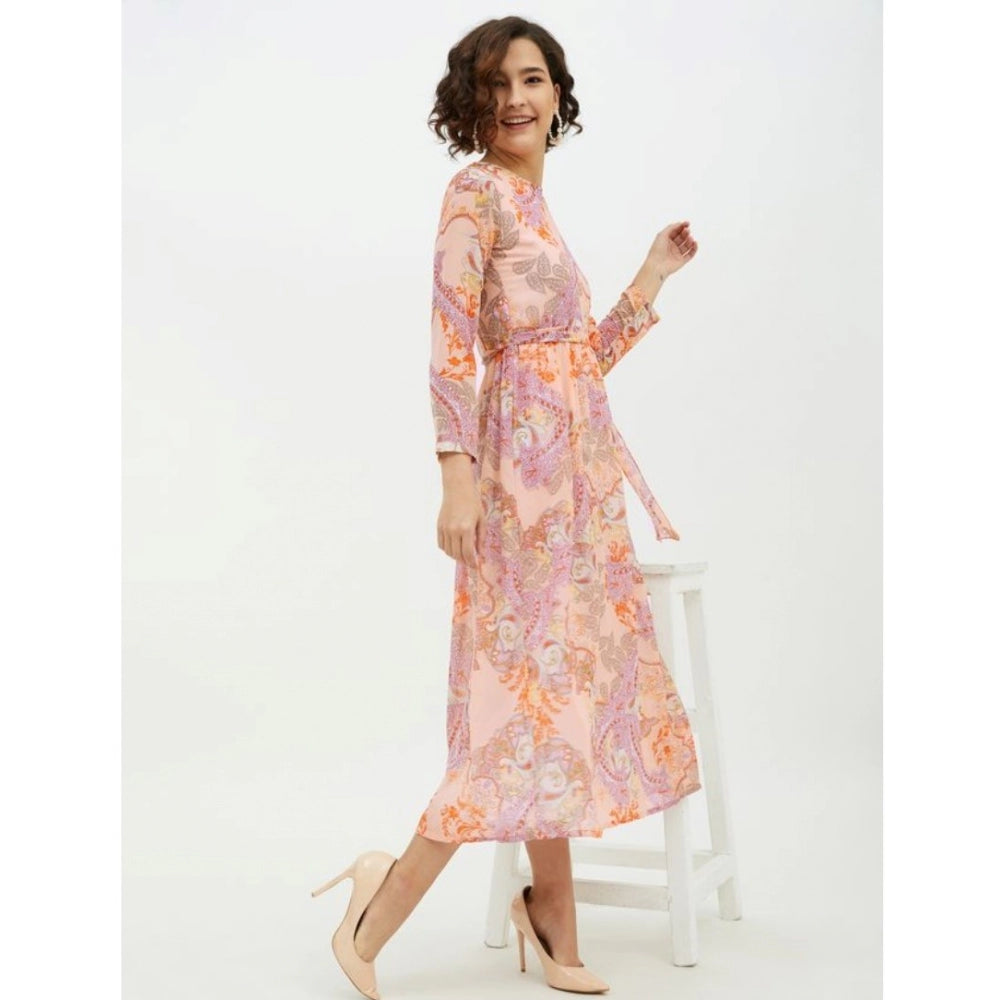 Seduva Women's Polyester Printed Long Sleeves Calf-length Dress (Multicolor)
