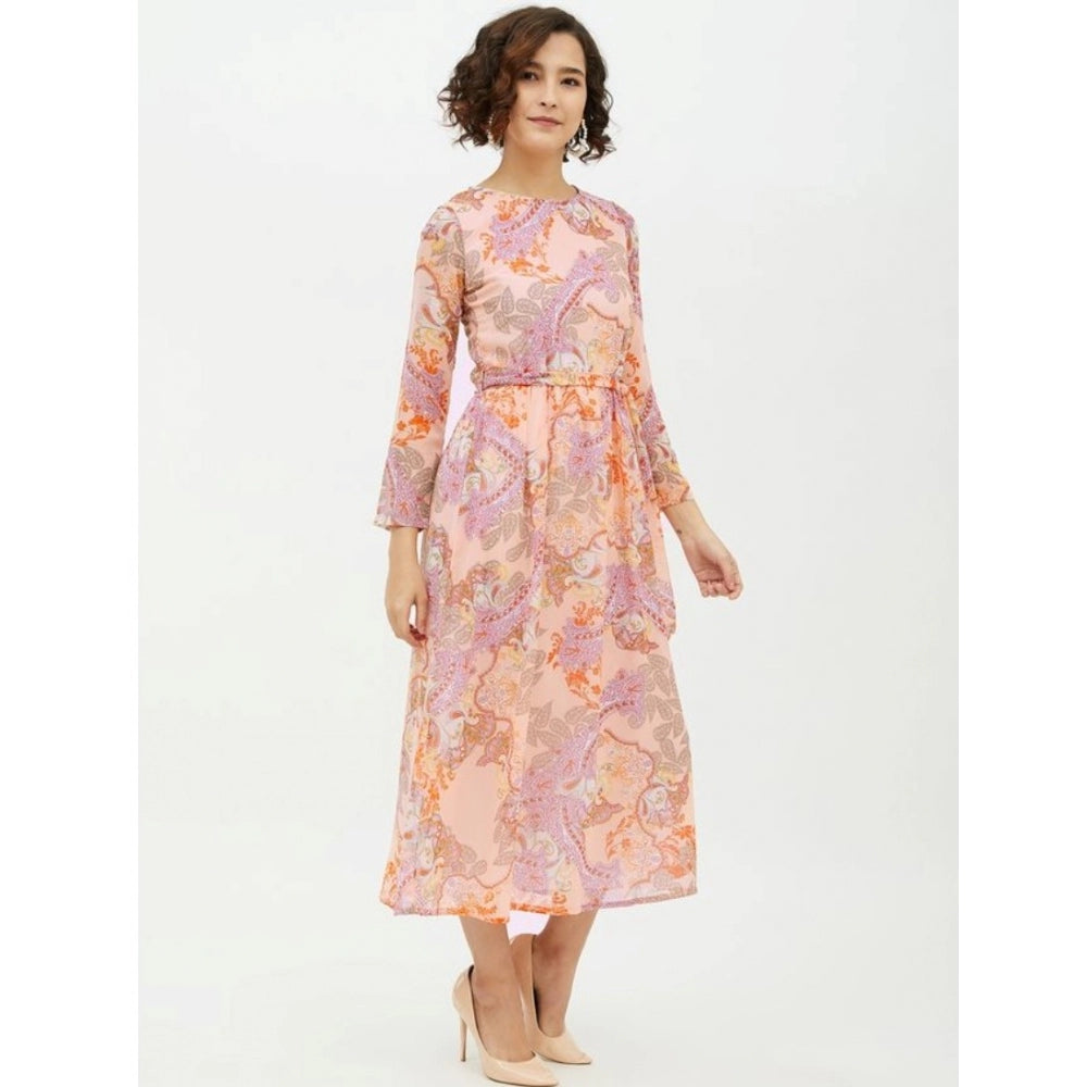 Seduva Women's Polyester Printed Long Sleeves Calf-length Dress (Multicolor)