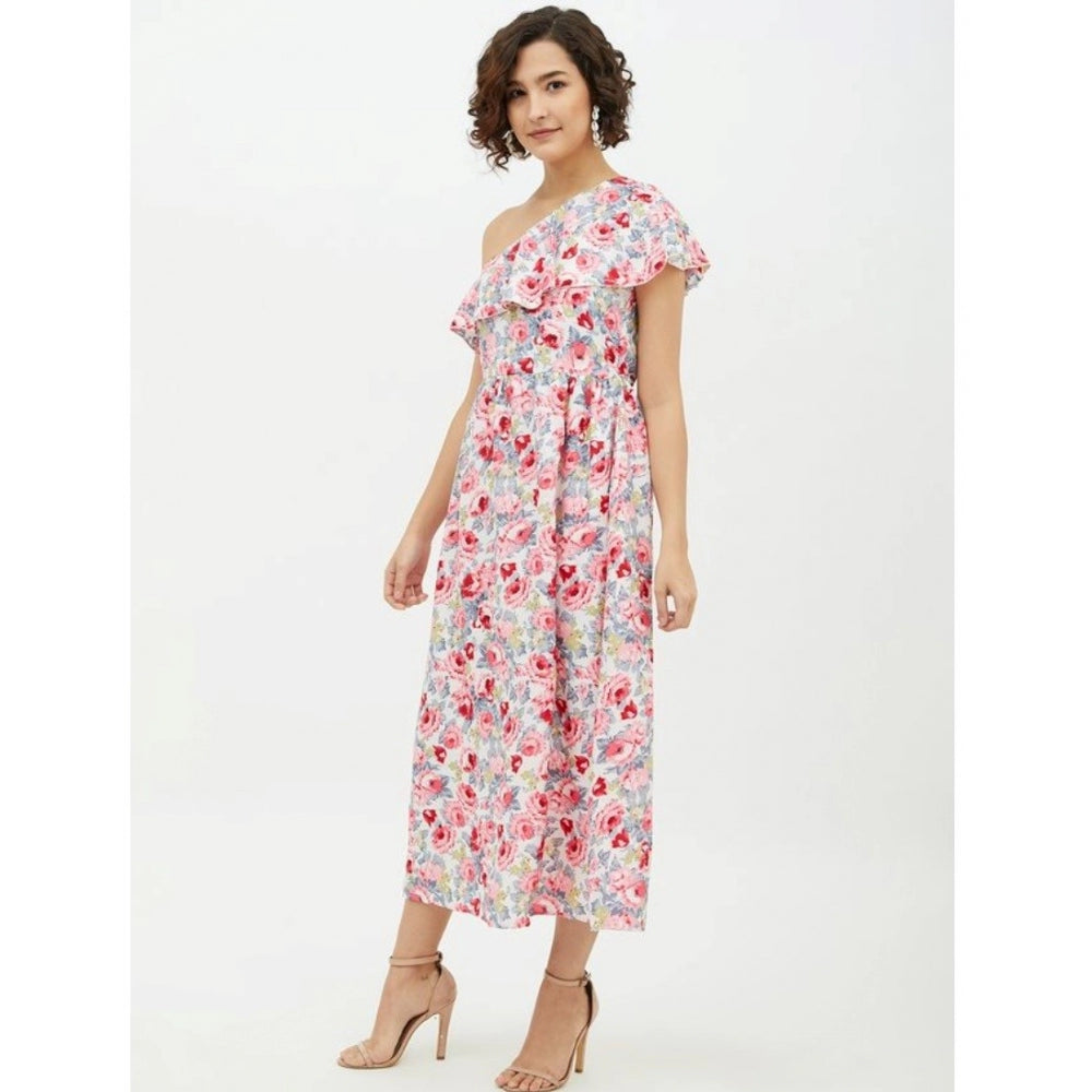 Seduva Women's Polyester Floral One Shoulder Calf-length Dress (Multicolor)