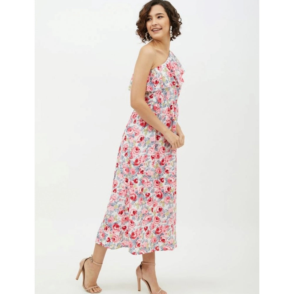 Seduva Women's Polyester Floral One Shoulder Calf-length Dress (Multicolor)