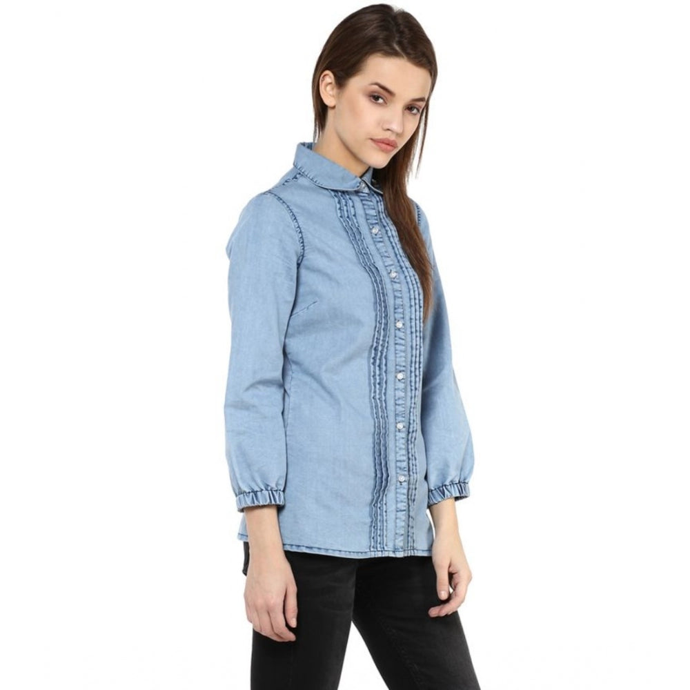 Seduva Women's Denim Solid 3-4th Sleeves Standard Length Shirt (Blue)
