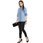 Seduva Women's Denim Solid 3-4th Sleeves Standard Length Shirt (Blue)
