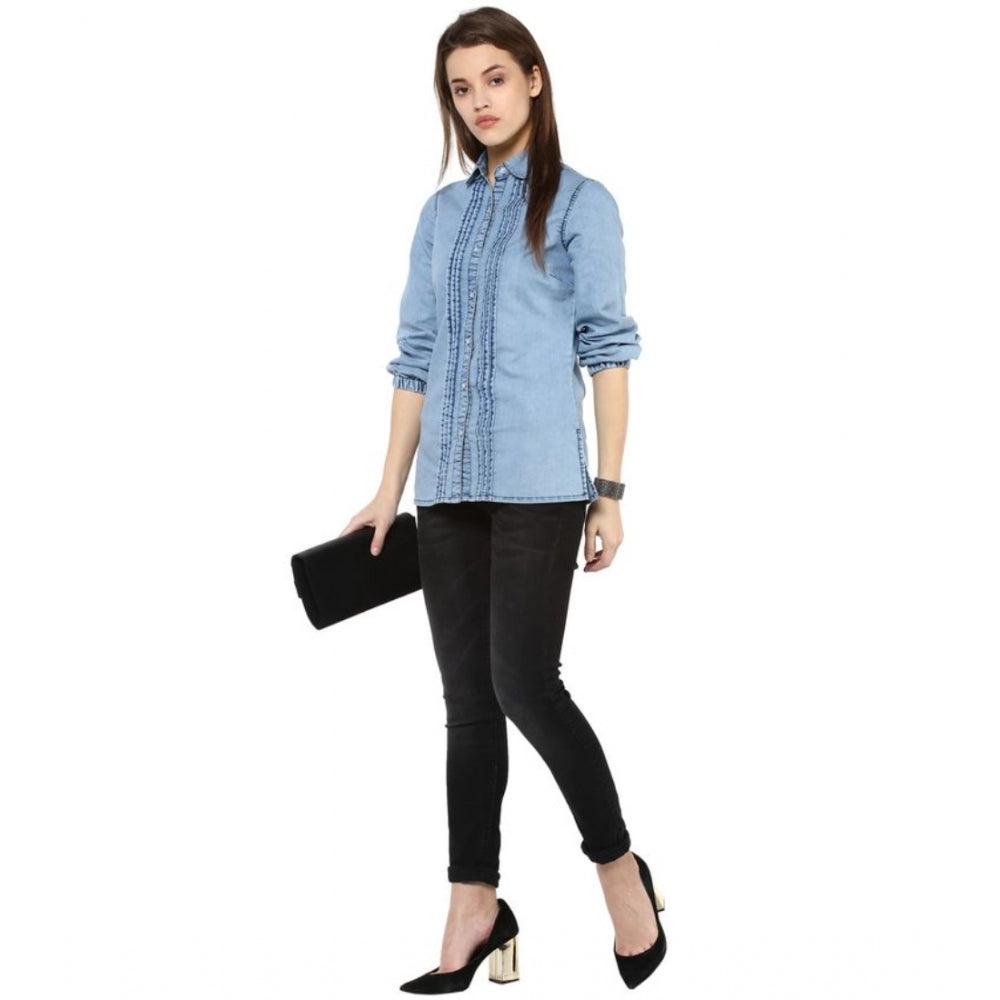 Seduva Women's Denim Solid 3-4th Sleeves Standard Length Shirt (Blue)