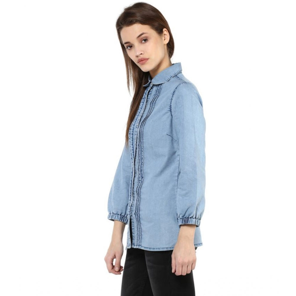 Seduva Women's Denim Solid 3-4th Sleeves Standard Length Shirt (Blue)