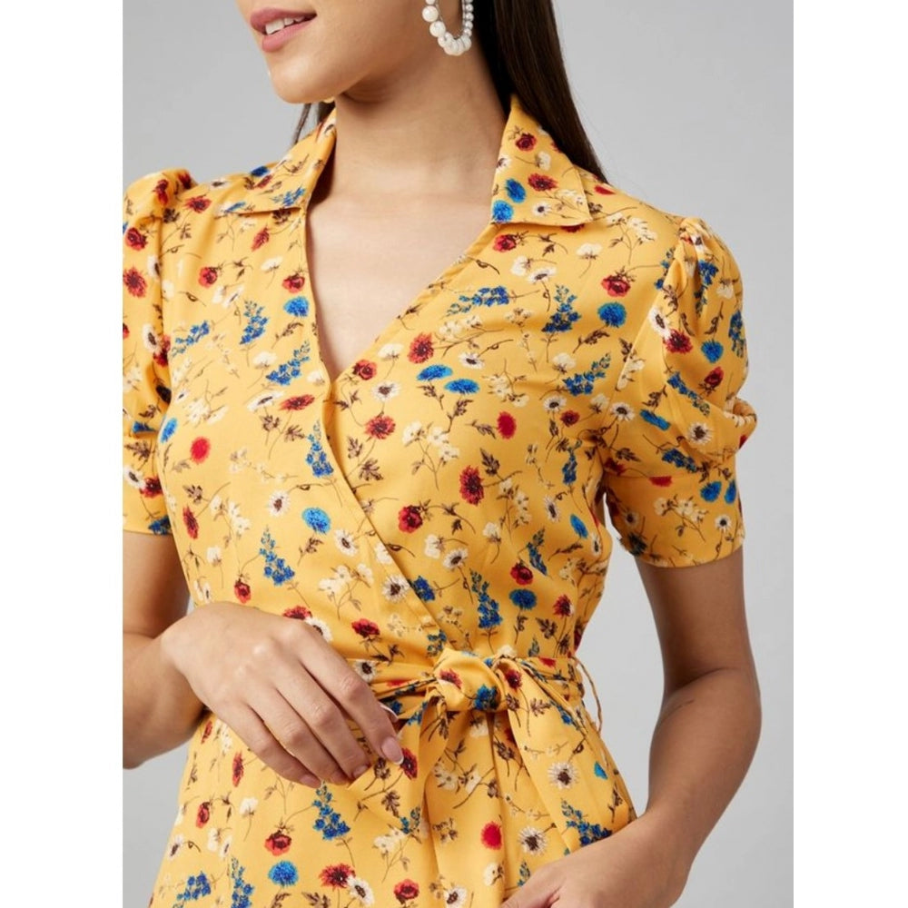 Seduva Women's Polyester Floral Short Sleeve Above Knee Dress (Yellow)