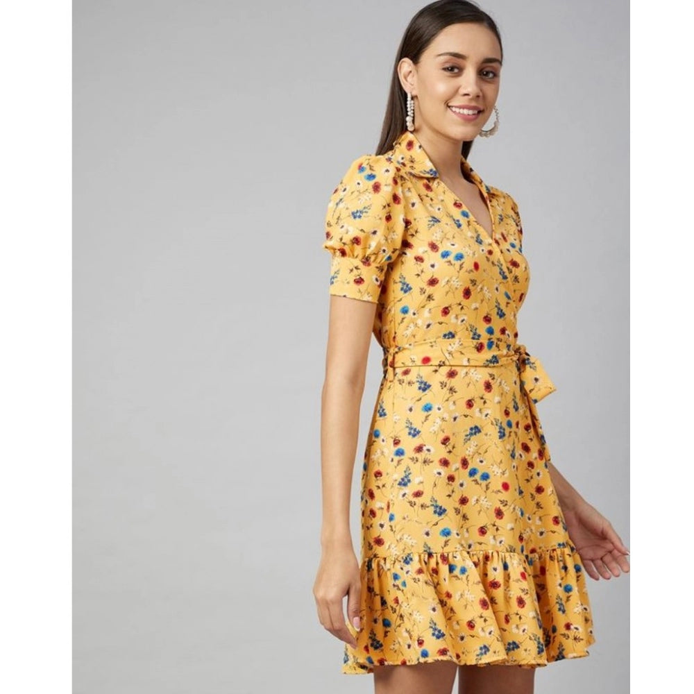 Seduva Women's Polyester Floral Short Sleeve Above Knee Dress (Yellow)