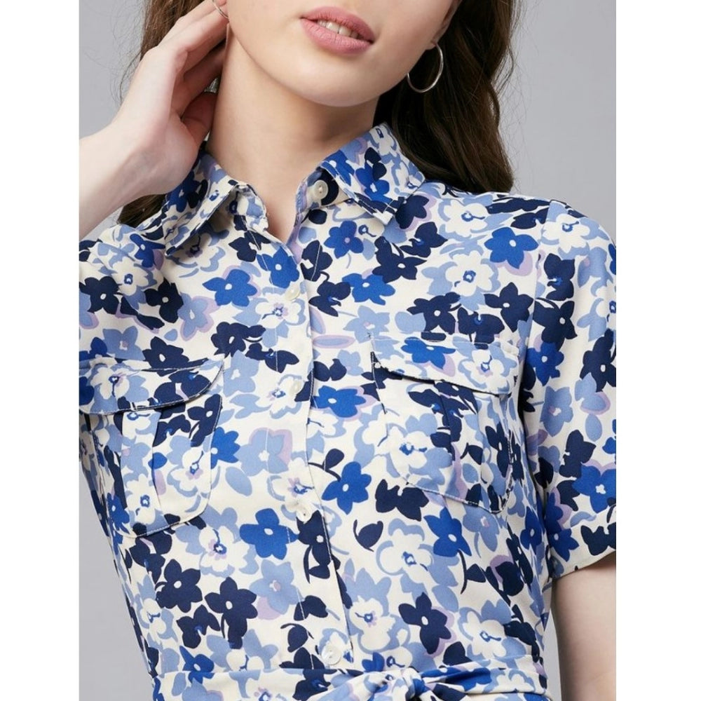Seduva Women's Polyester Floral Short Sleeve Above Knee Dress (Blue - White)