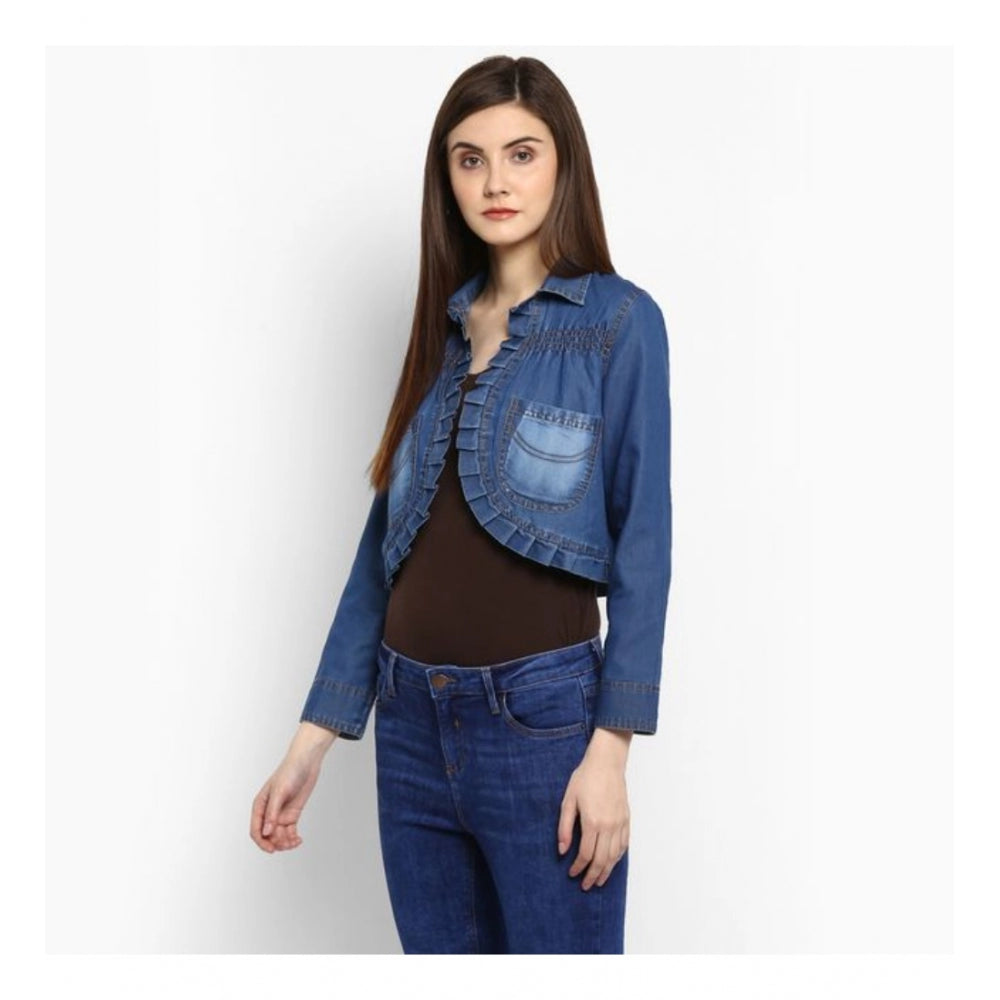 Seduva Women's Denim Pleated 3-4th Sleeves Shrug (Blue)