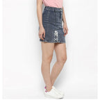 Seduva Women's Denim Tie Up Buttoned Skirt (Blue)