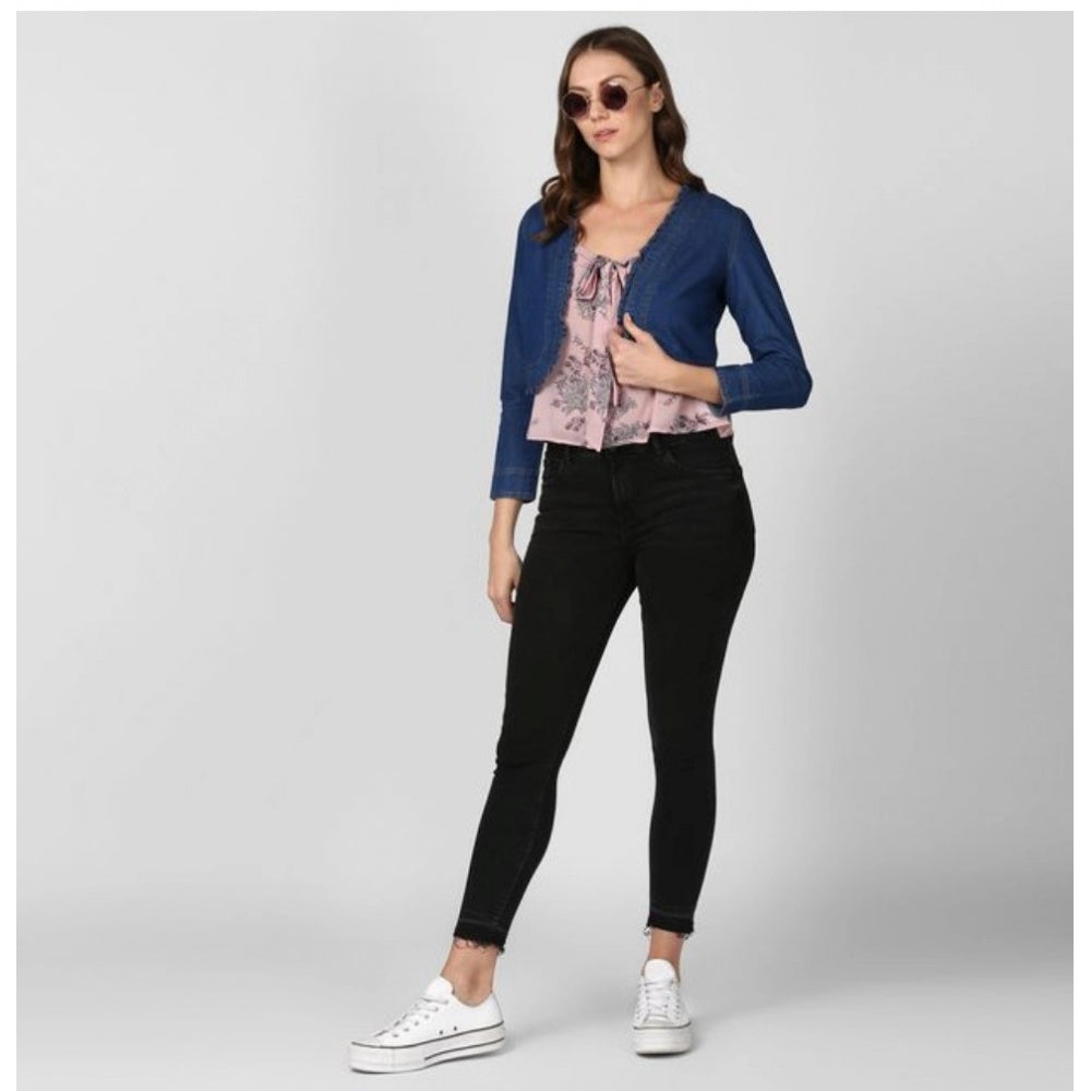 Seduva Women's Denim Ruffled Long Sleeves Shrug (Navy Blue)