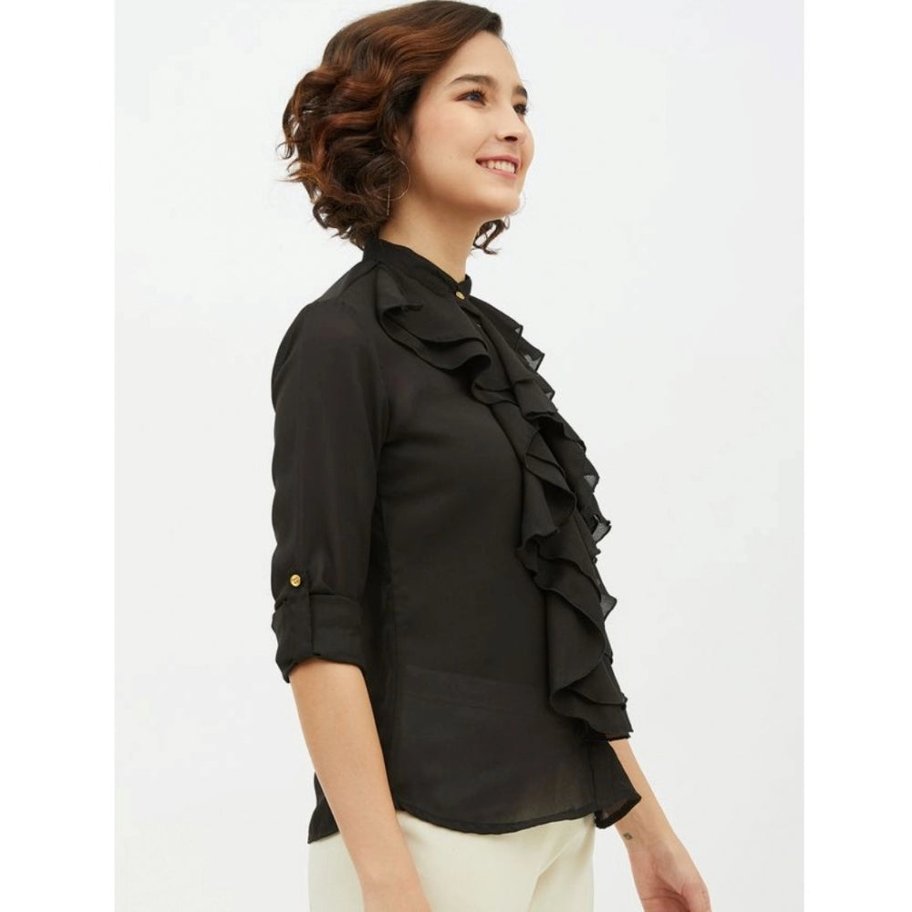 Seduva Women's Polyester Ruffled Long Sleeves Standard Length Shirt (Black)