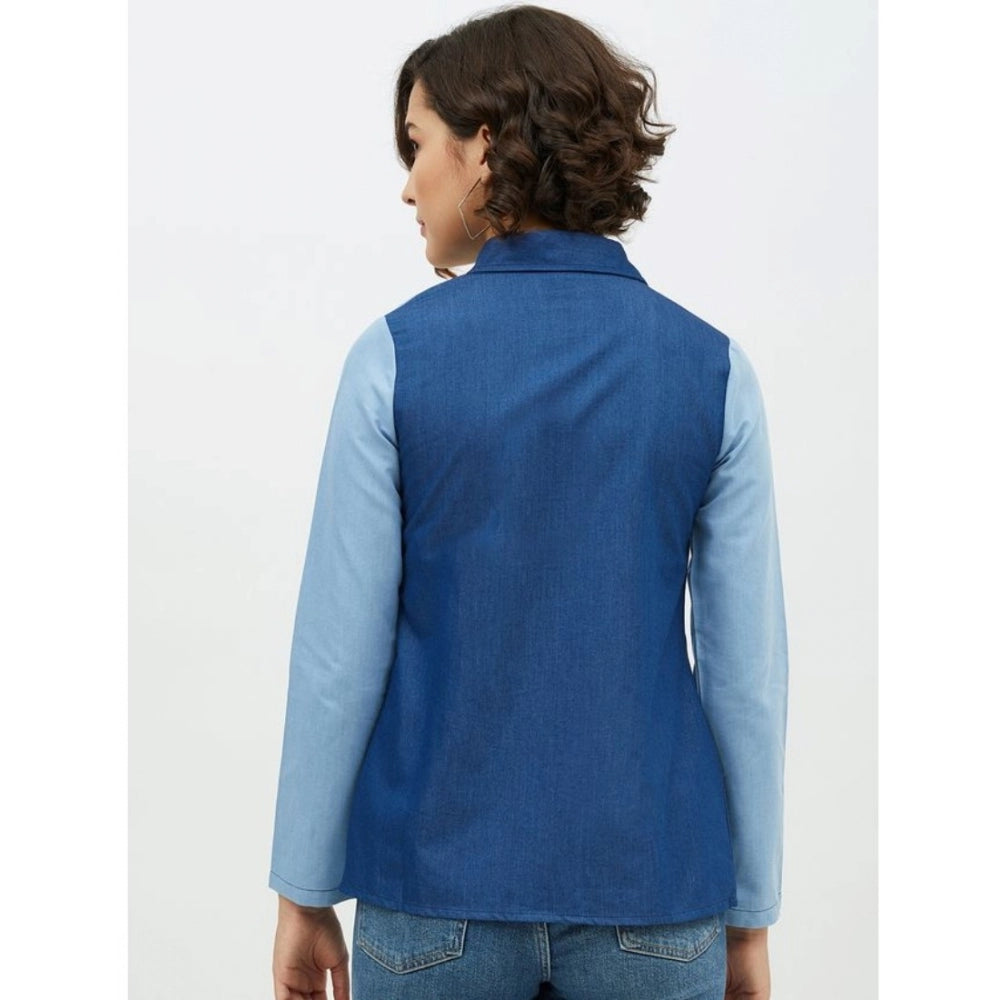 Seduva Women's Denim Patch Work Long Sleeves Standard Length Shirt (Blue)