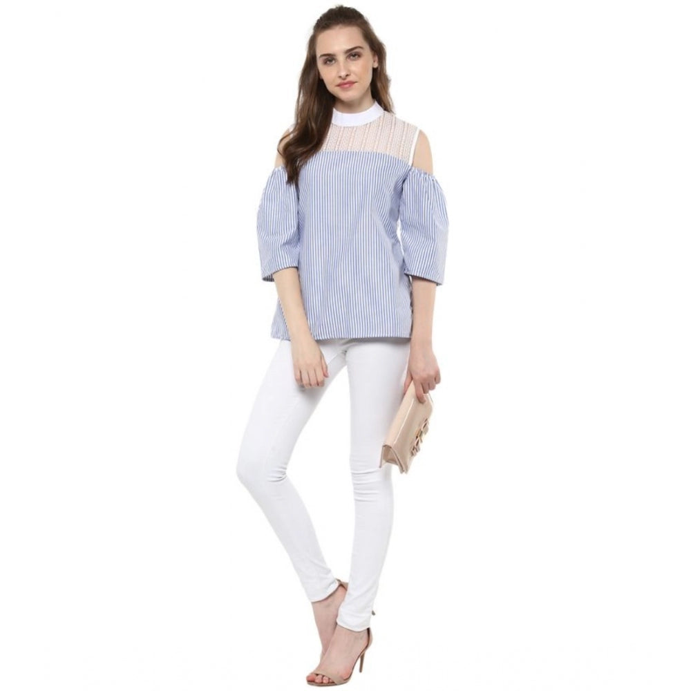 Seduva Women's Cotton Striped Cold Shoulder Top (Blue)