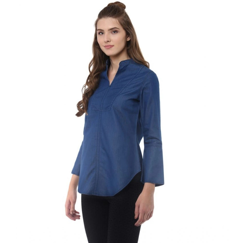 Seduva Women's Denim Solid Bell Sleeve Regular Top (Blue Denim)