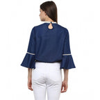 Seduva Women's Polyester Solid Bell Sleeve Regular Top (Blue)
