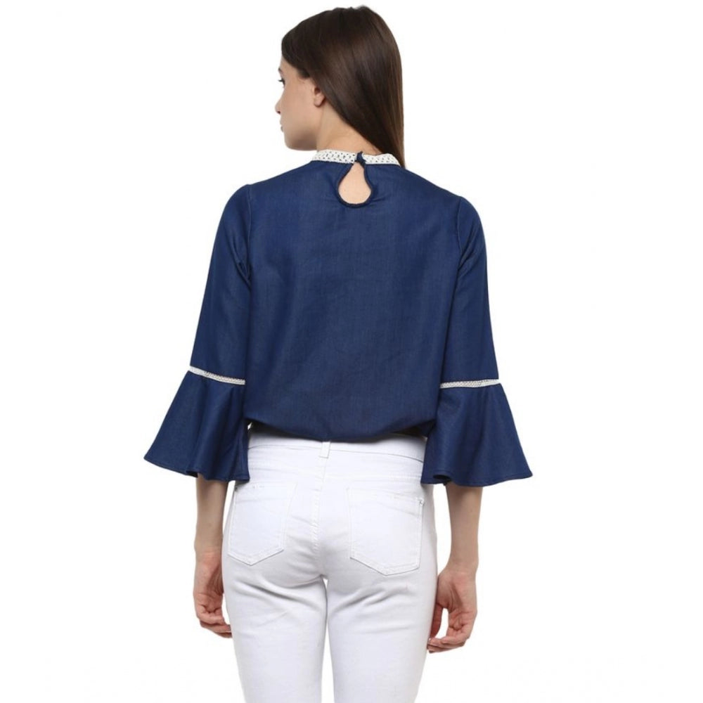 Seduva Women's Polyester Solid Bell Sleeve Regular Top (Blue)