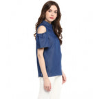 Seduva Women's Denim Solid Cold Shoulder Regular Top (Blue)