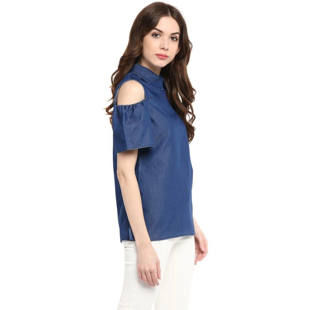 Seduva Women's Denim Solid Cold Shoulder Regular Top (Blue)