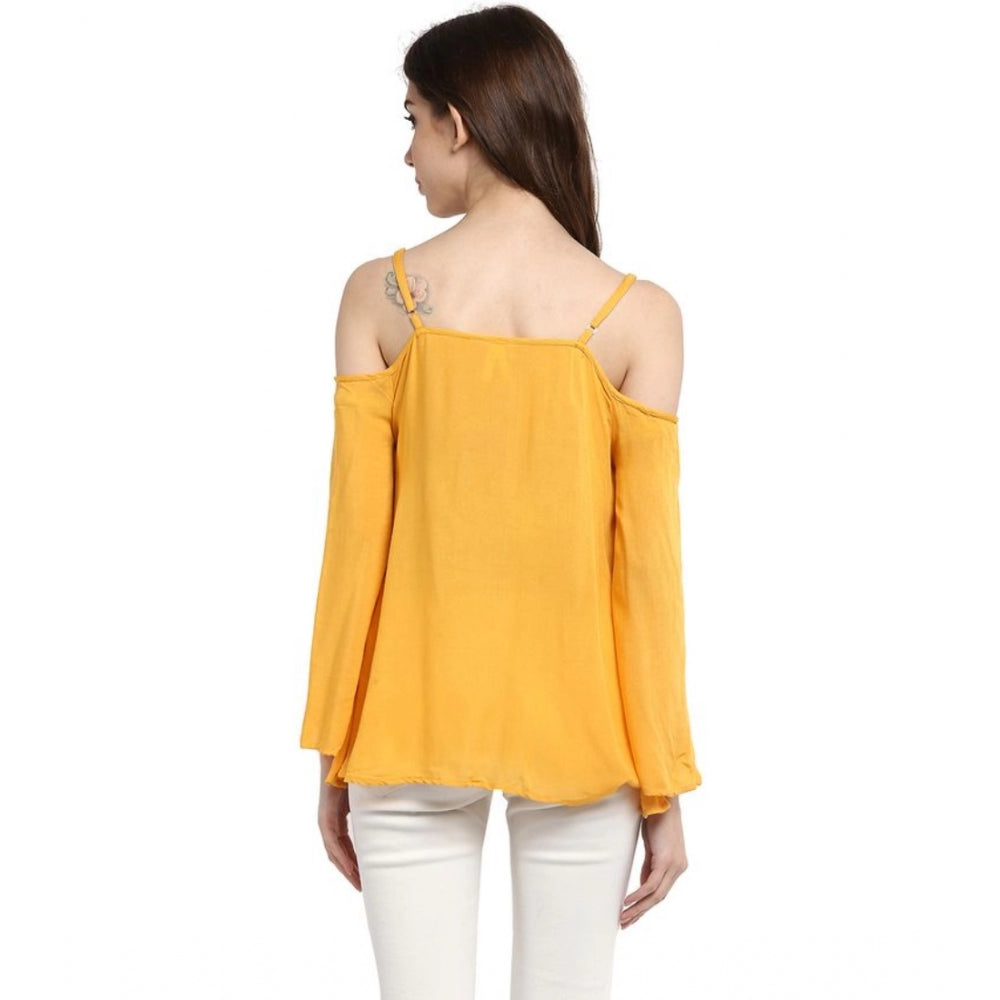 Seduva Women's Rayon Embellished Cold Shoulder Regular Top (Mustard Yellow)