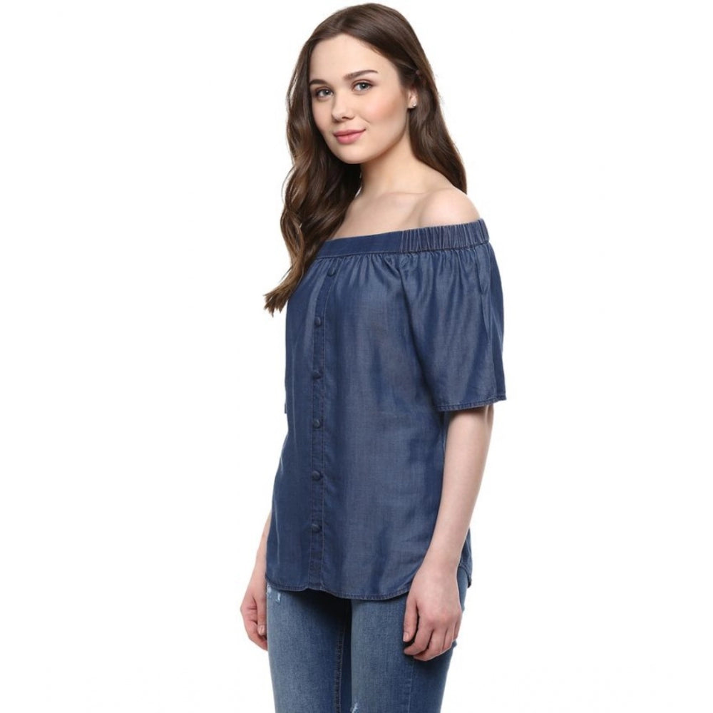 Seduva Women's Denim Solid Short Sleeve Regular Top (Blue)