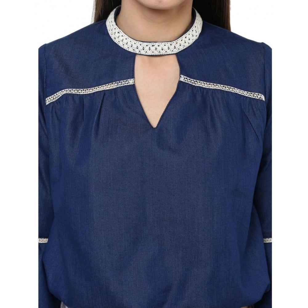 Seduva Women's Polyester Solid Bell Sleeve Regular Top (Blue)