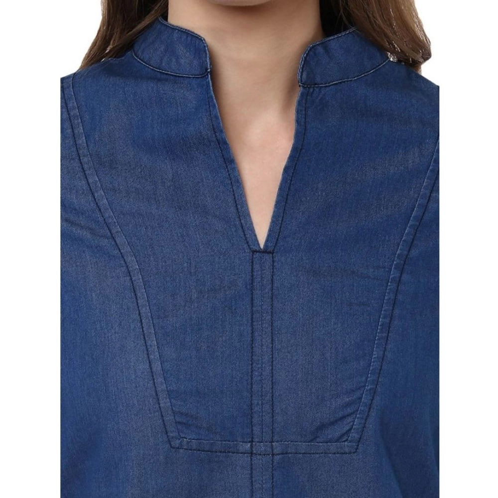 Seduva Women's Denim Solid Bell Sleeve Regular Top (Blue Denim)
