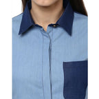 Seduva Women's Denim Patch Work Long Sleeves Regular Top (Blue)