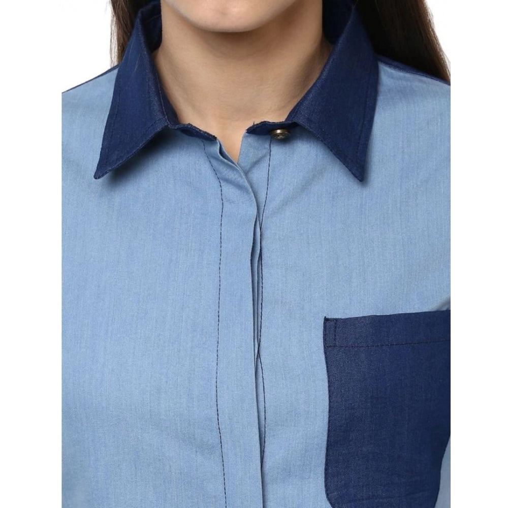 Seduva Women's Denim Patch Work Long Sleeves Regular Top (Blue)