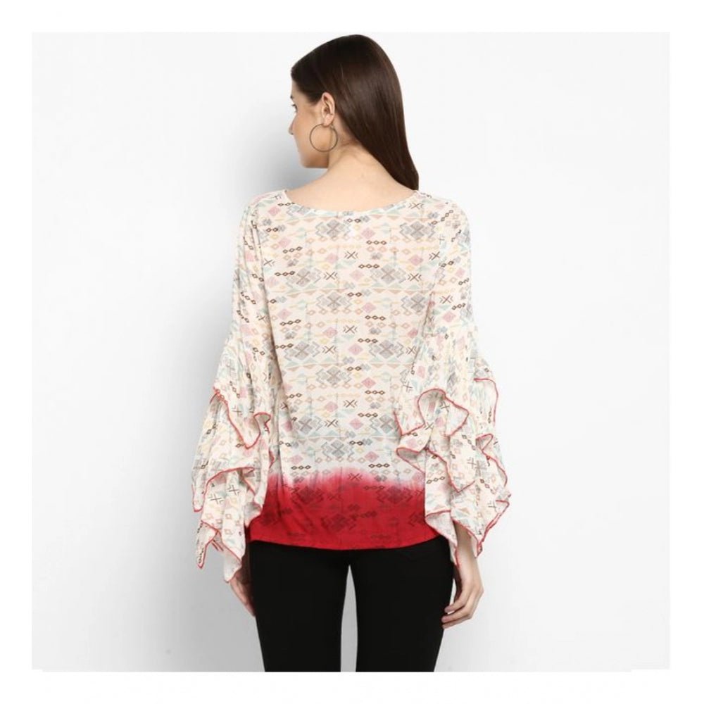 Seduva Women's Rayon Crepe Printed Ruffle Sleeve Top (Off White - Red)